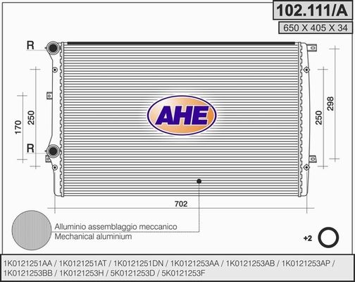 AHE Радиатор, охлаждение двигателя 102.111/A