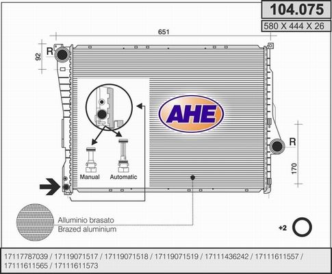 AHE Радиатор, охлаждение двигателя 104.075