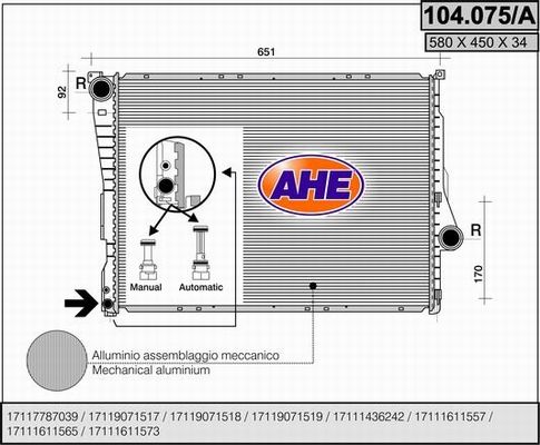 AHE Radiaator,mootorijahutus 104.075/A