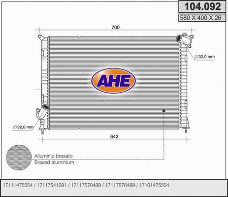 AHE Radiaator,mootorijahutus 104.092