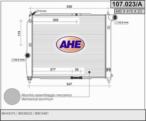 AHE Радиатор, охлаждение двигателя 107.023/A
