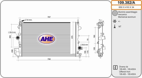 AHE Радиатор, охлаждение двигателя 109.382/A