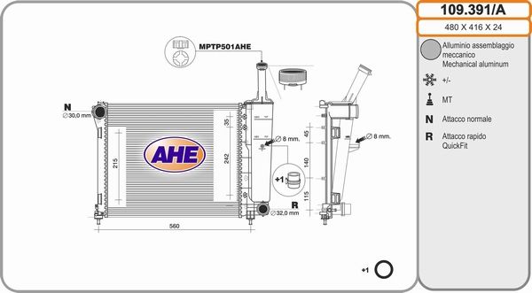 AHE Радиатор, охлаждение двигателя 109.391/A