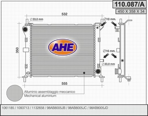 AHE Радиатор, охлаждение двигателя 110.087/A