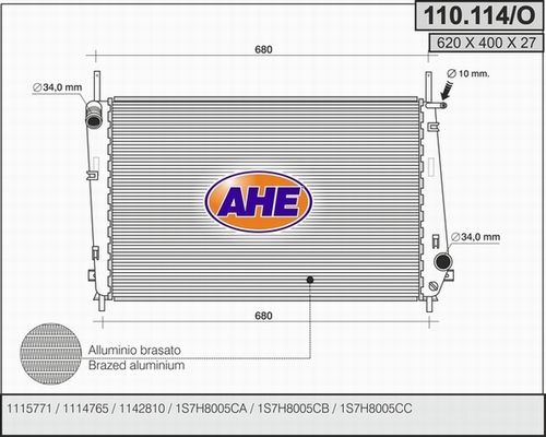 AHE Radiaator,mootorijahutus 110.114/O