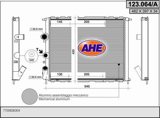AHE Радиатор, охлаждение двигателя 123.064/A