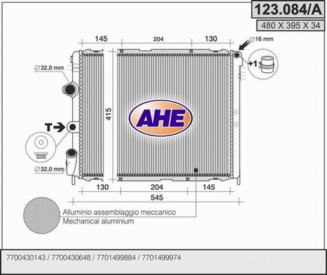 AHE Радиатор, охлаждение двигателя 123.084/A