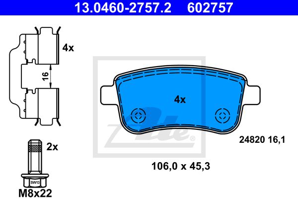 ATE Комплект тормозных колодок, дисковый тормоз 13.0460-2757.2