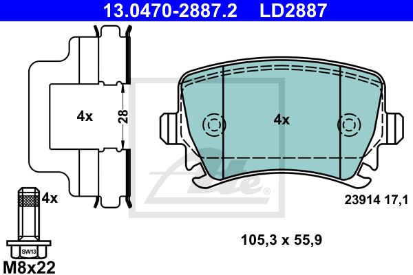 ATE Комплект тормозных колодок, дисковый тормоз 13.0470-2887.2