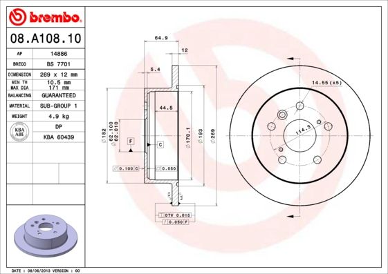 BREMBO Тормозной диск 08.A108.10