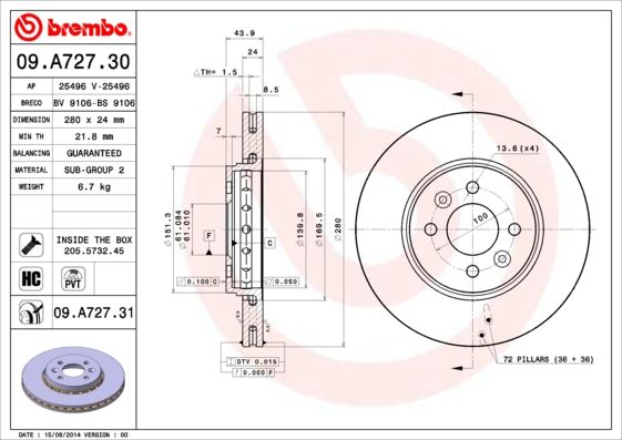 BREMBO Тормозной диск 09.A727.30