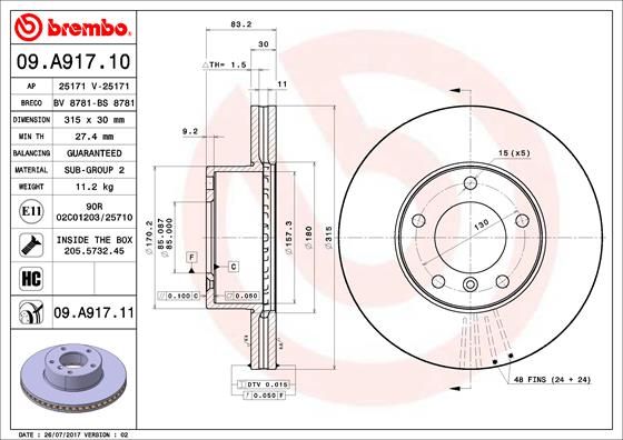 BREMBO Тормозной диск 09.A917.11