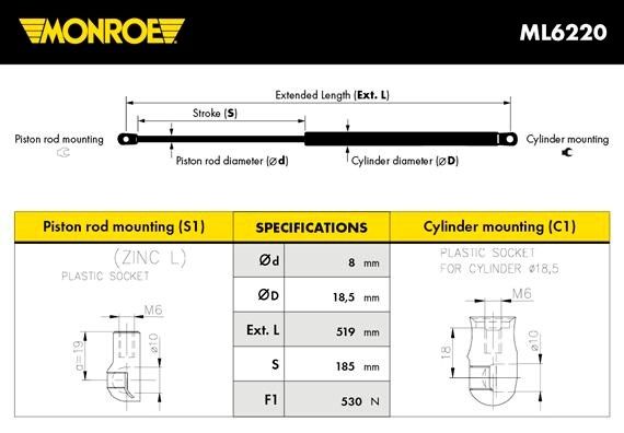 MONROE Газовая пружина, крышка багажник ML6220